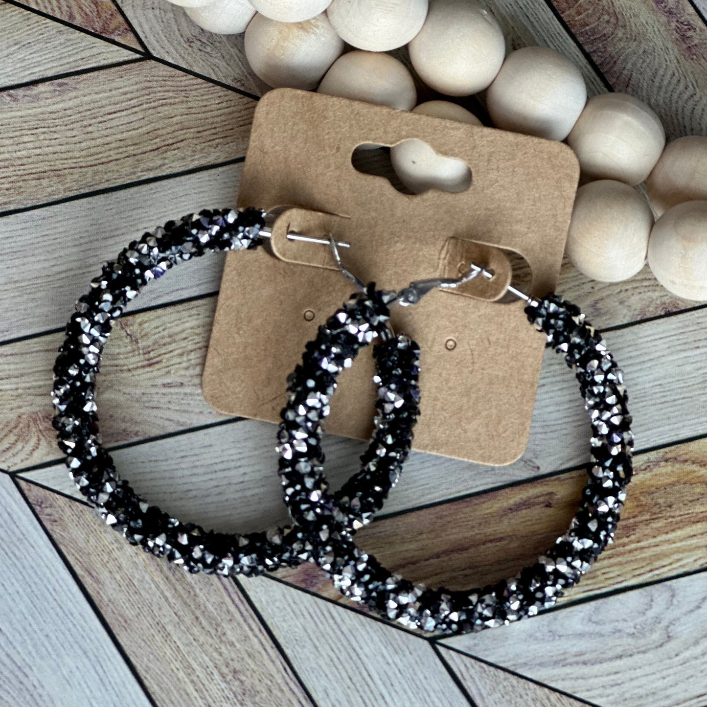 Black and Silver Chunky Rhinestone Hoops