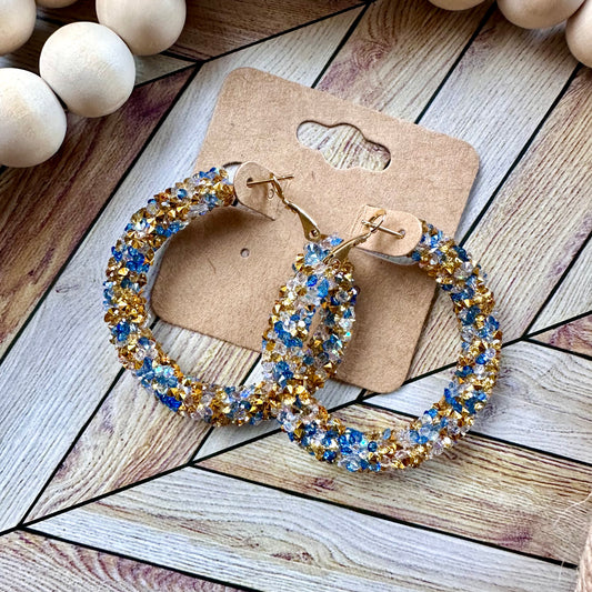 Royal Blue and Gold Chunky Rhinestone Hoops