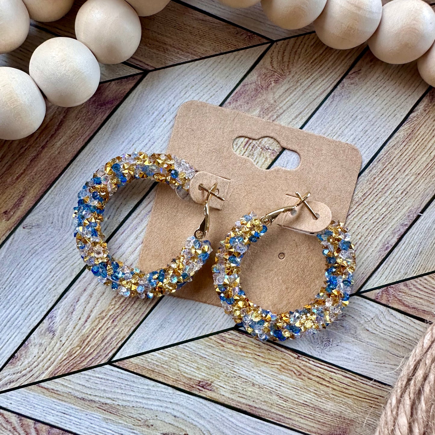 Royal Blue and Gold Chunky Rhinestone Hoops