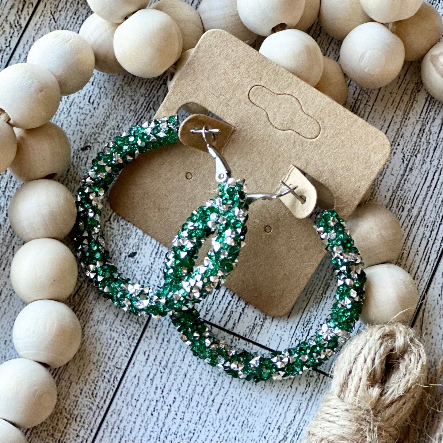 Green and Silver Chunky Rhinestone Hoops