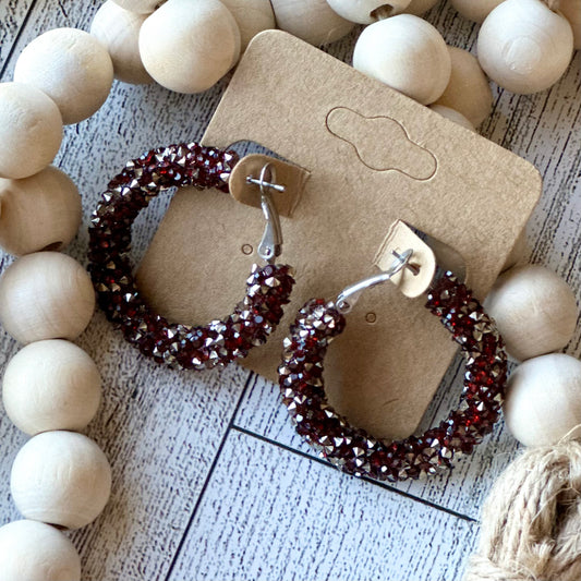 Maroon and Silver Chunky Rhinestone Hoops