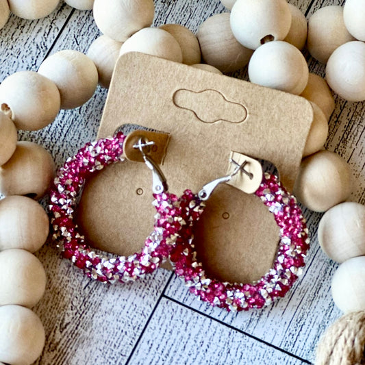 Magenta and Silver Chunky Rhinestone Hoops