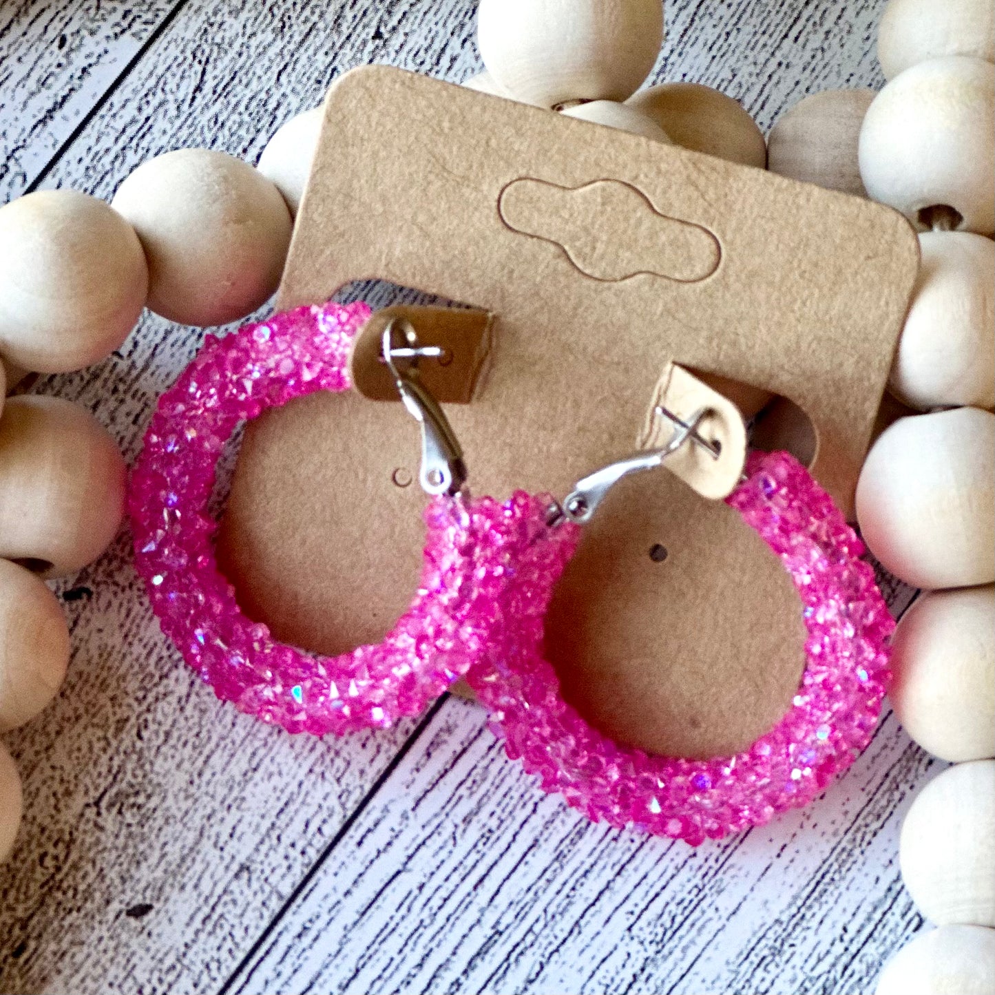 Clear Hot Pink Chunky Rhinestone Hoops