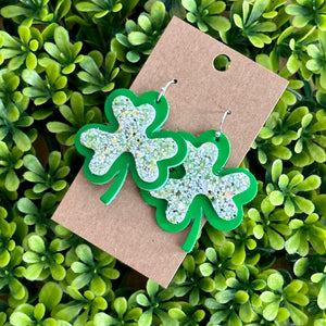 Stacked Shamrock Outline - Green Glitter on Bright Green Leather