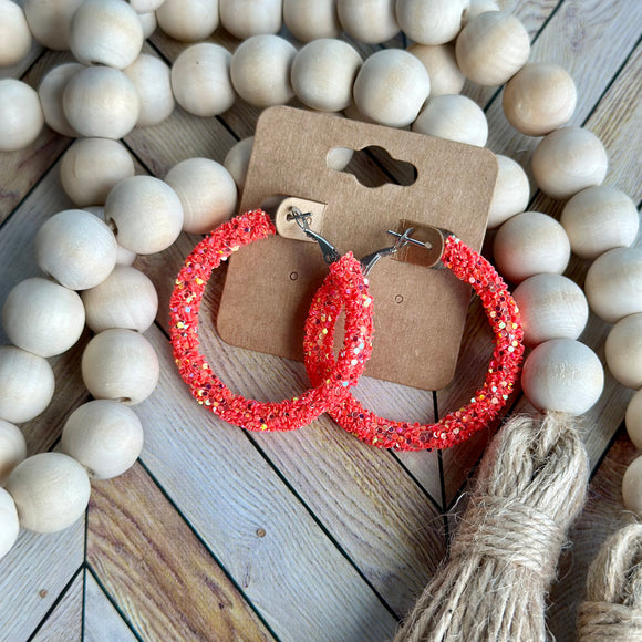 Bright Coral Glitter Hoops