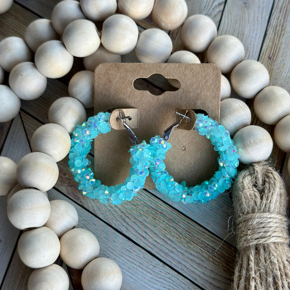 Turquoise Chunky Rhinestone/Glitter Hoops
