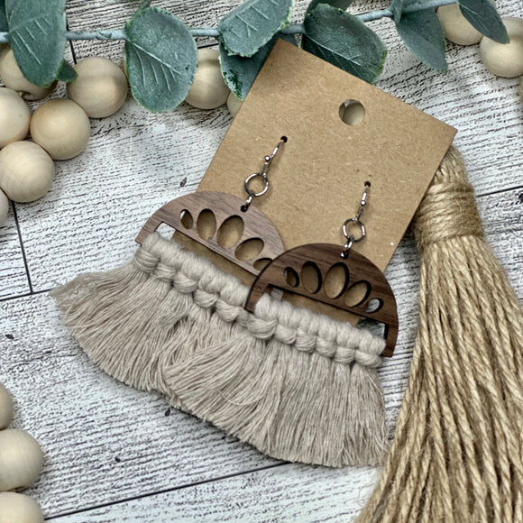 Macrame- Beige on Wood Half Circle