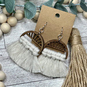 Macrame- Off White on Wood Half Circle