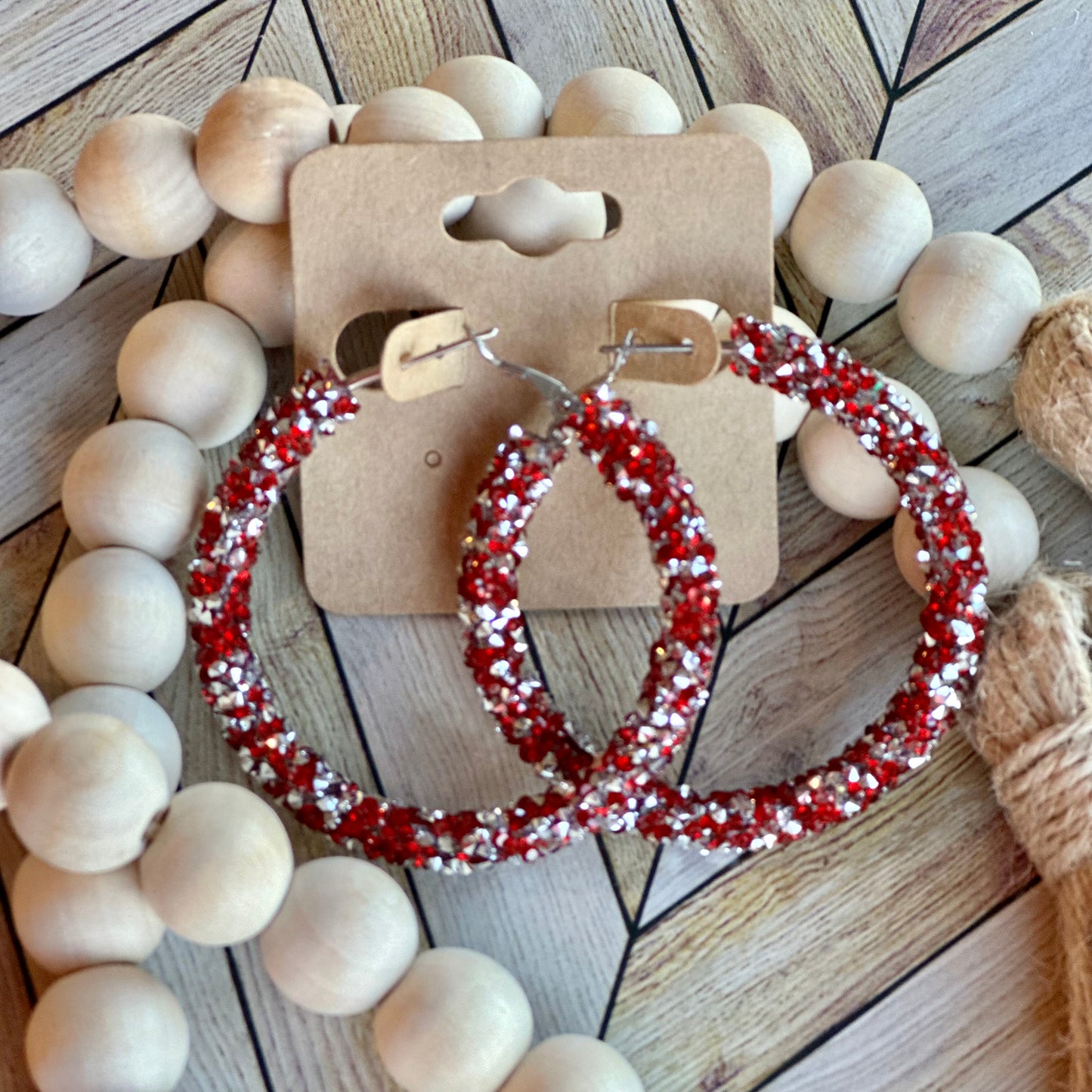 Red and Silver Chunky Rhinestone Hoops