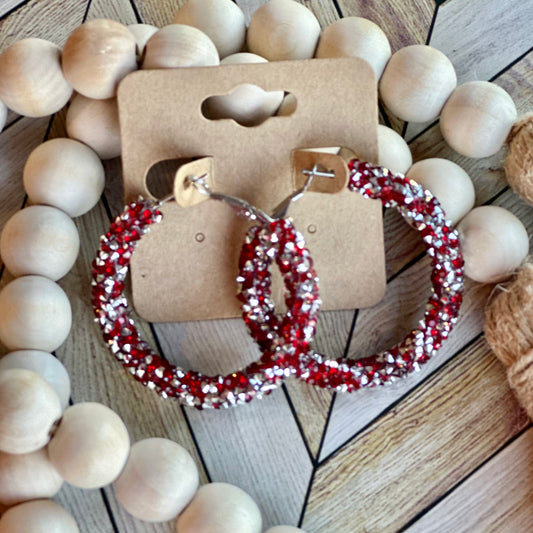 Red and Silver Chunky Rhinestone Hoops