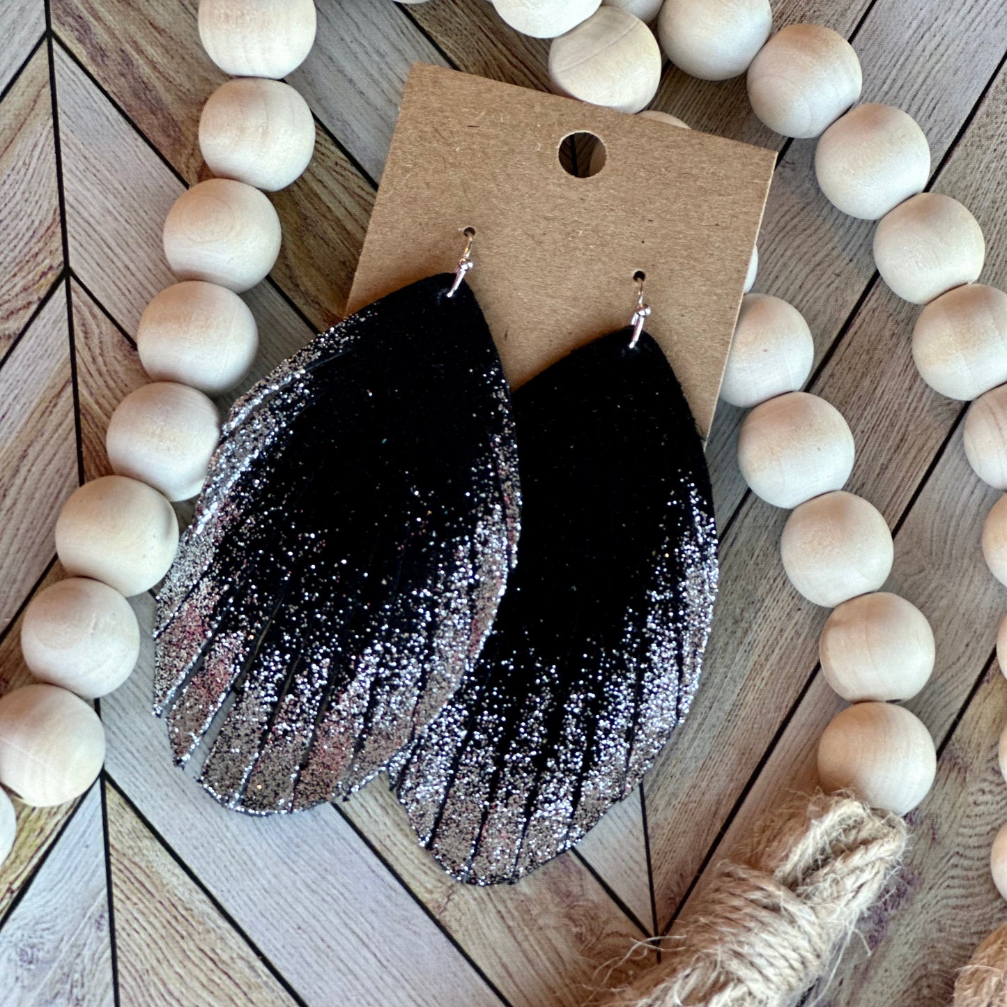 Black and Silver Glitter Fringe Feather