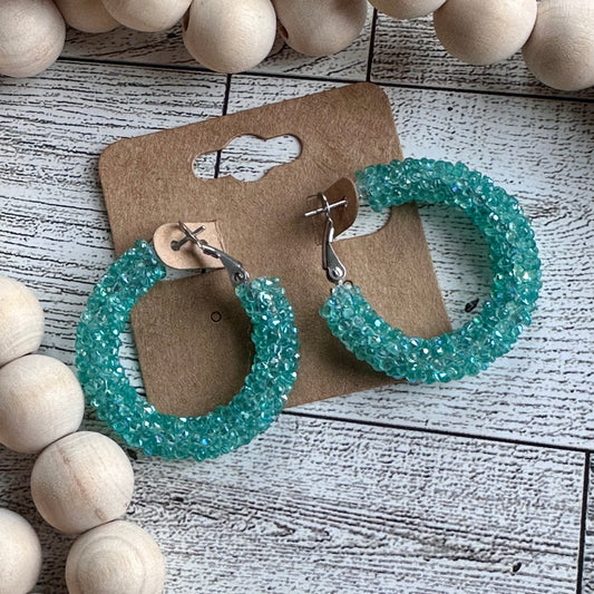 Clear Turquoise Chunky Rhinestone Hoops