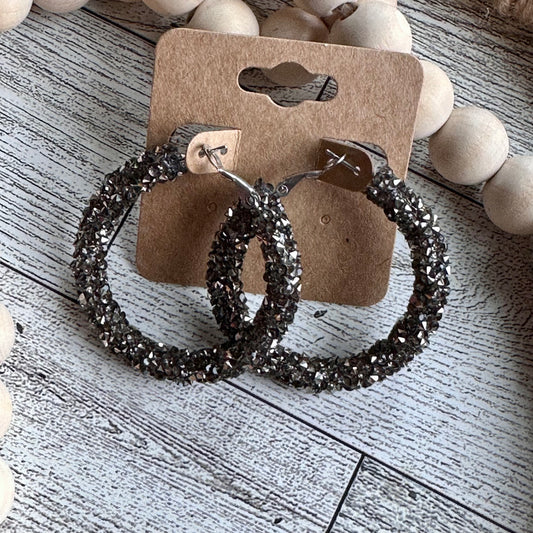 Gunmetal Chunky Rhinestone Hoops