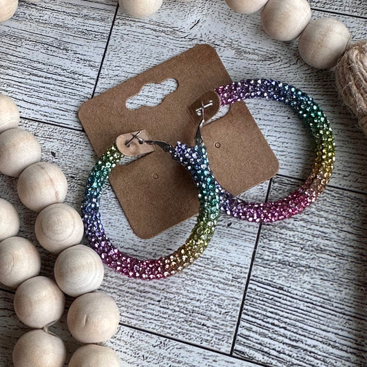 Rainbow Unicorn Rhinestone Hoops