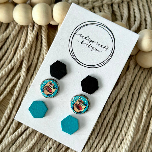 Teal and Black Hexagon with Crayons Stud Set