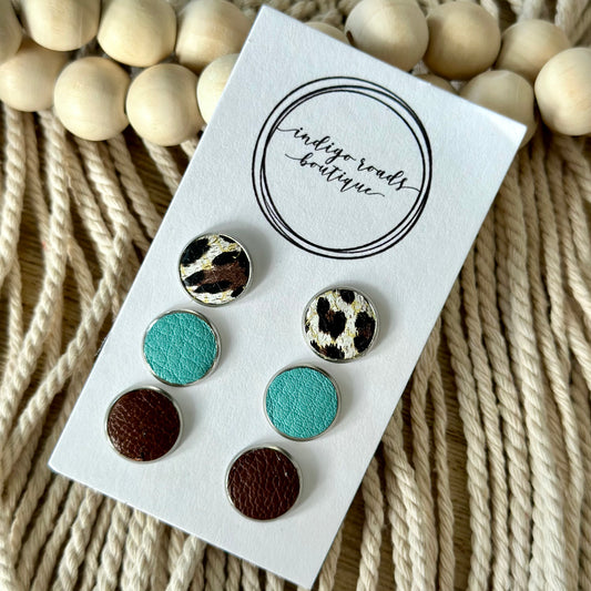 Leopard, Brown and Teal Stud Set