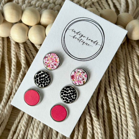 Glitter, Hot Pink, Black and White Stud Set