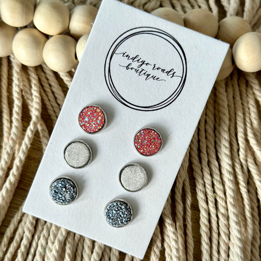 Coral White and Grey Glitter Mini Stud Set