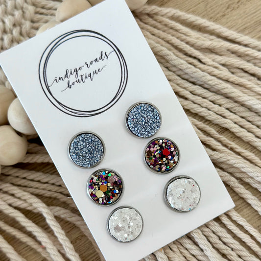 Grey, White and Jewel Glitter Stud Set