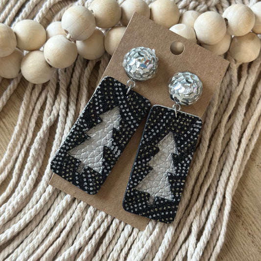 Black Dazzle Rectangle with Silver Tree with Sequin topper