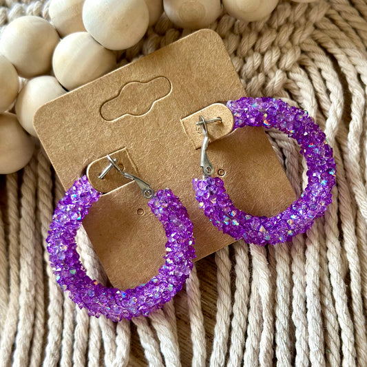 Clear Purple Chunky Rhinestone Hoops