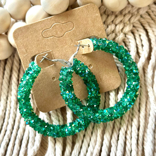 Clear Emerald Chunky Rhinestone Hoops