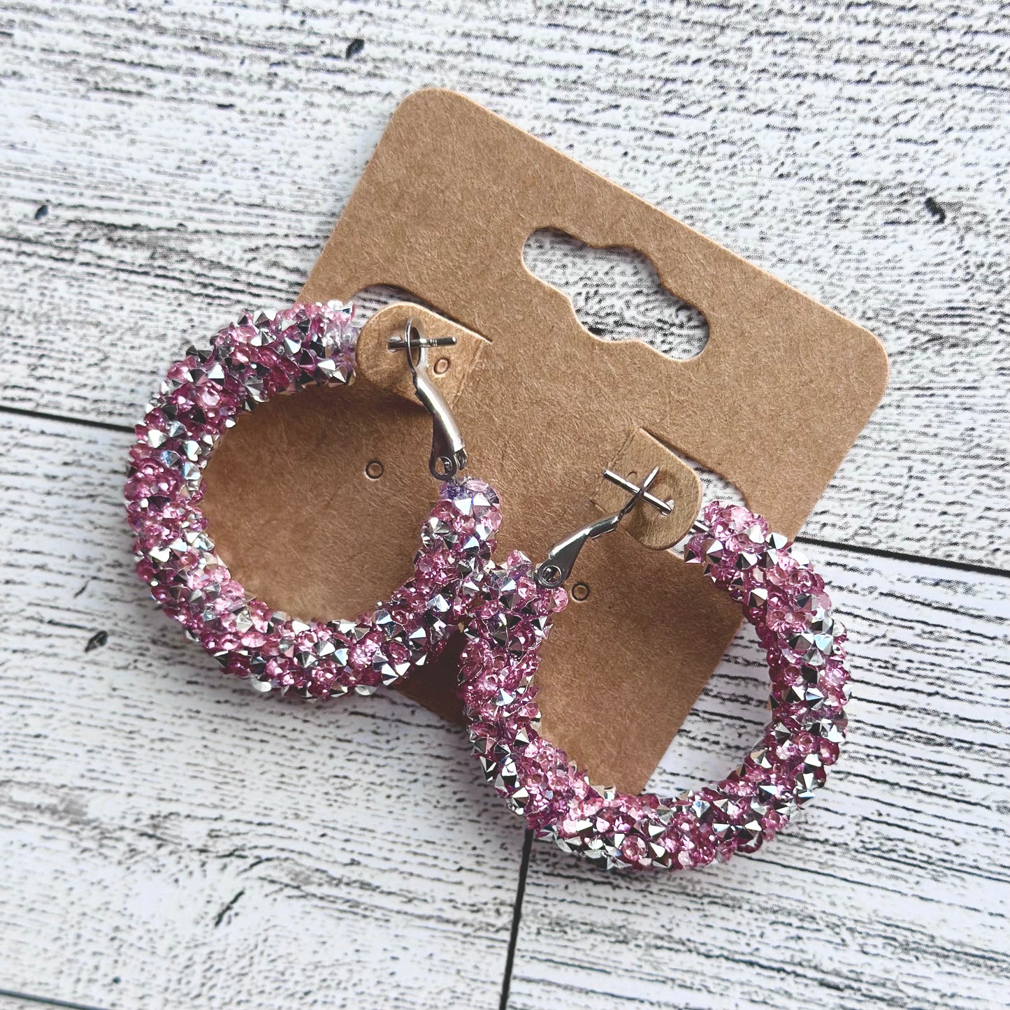 Pink and Silver Chunky Rhinestone Hoops