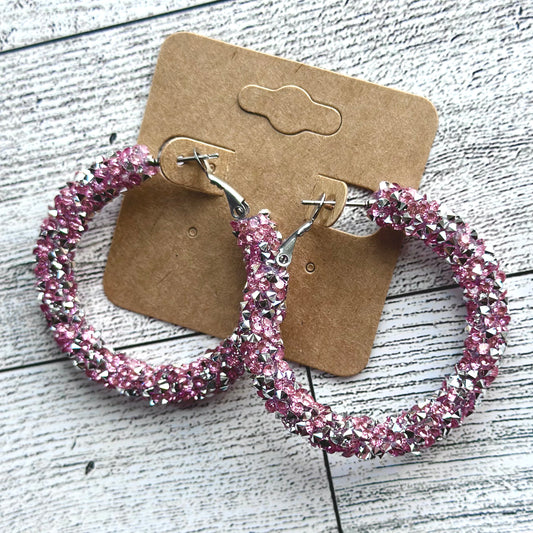 Pink and Silver Chunky Rhinestone Hoops