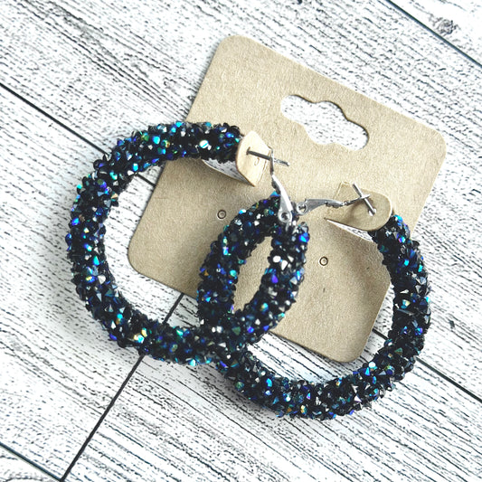 Black Cool Iridescence Chunky Rhinestone Hoops