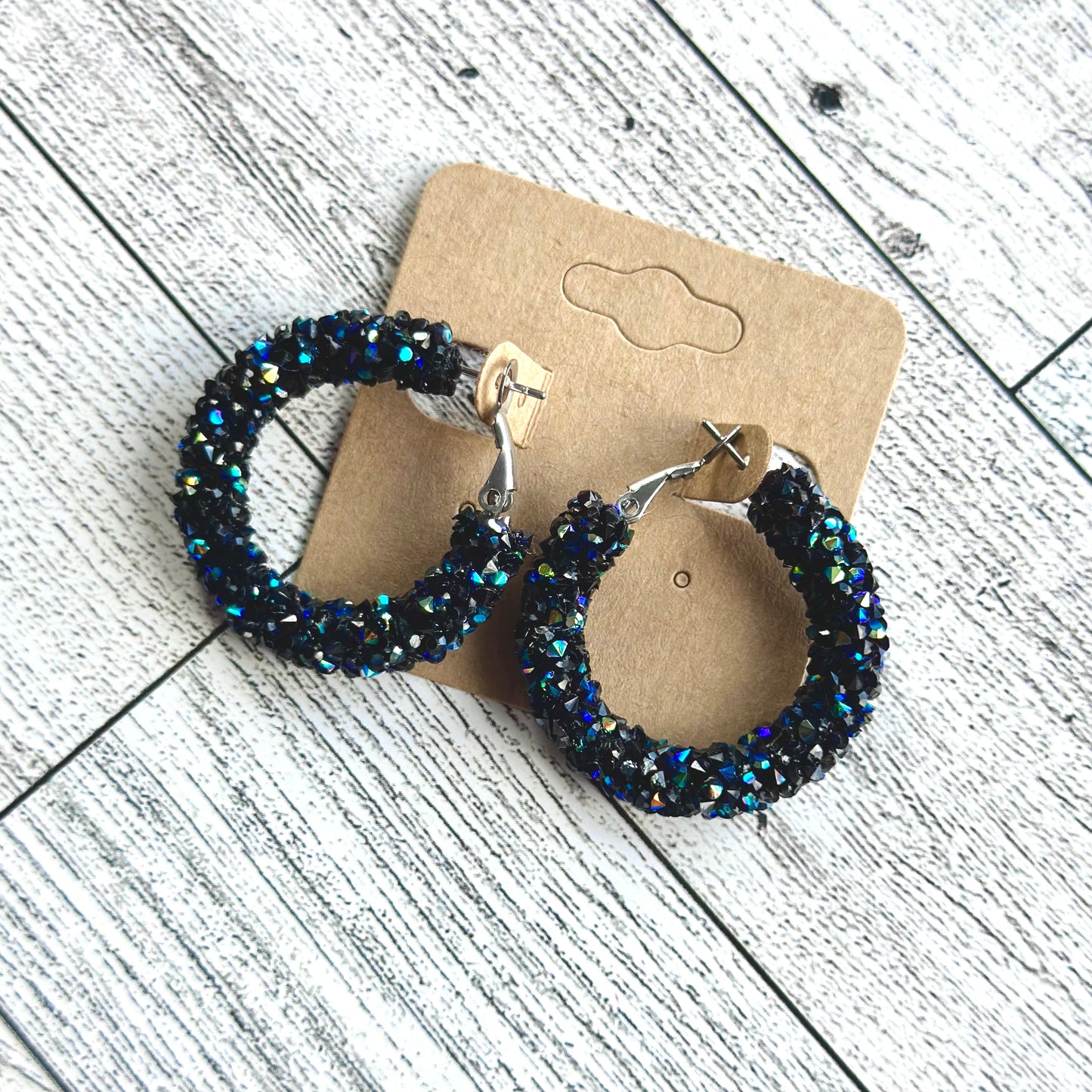 Black Cool Iridescence Chunky Rhinestone Hoops