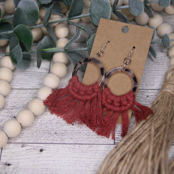 Macrame- Burgundy Red on Acrylic Hoops