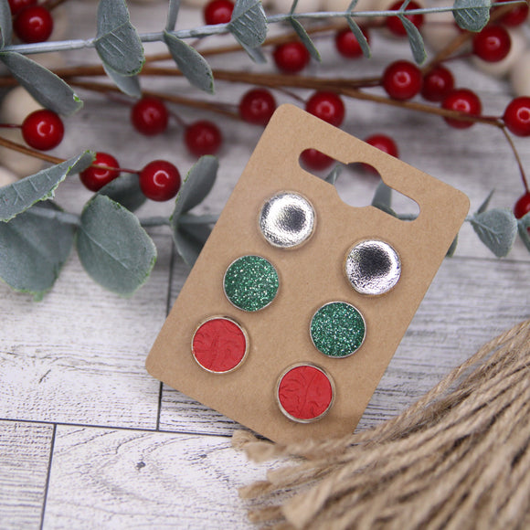 Red, Green Glitter, Silver Christmas Stud Set