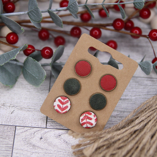 Red, Green Suede, Red Floral Christmas Stud Set