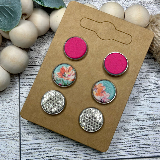 Hot Pink, Teal Floral, Champagne Gold Sparkle Stud Set