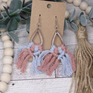 Macrame- Blush Pink and Baby Blue on Wood teardrops