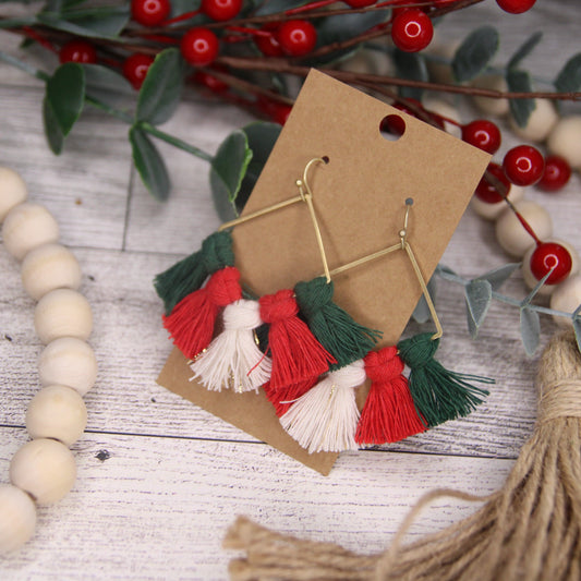 Macrame - Green Red and Cream on Brass square